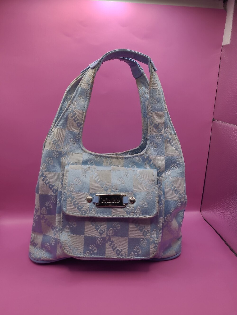 Vintage Y2K Mudd Hobo Shoulder Bag Purse Blue Checkered Monogram Plaque Pocket